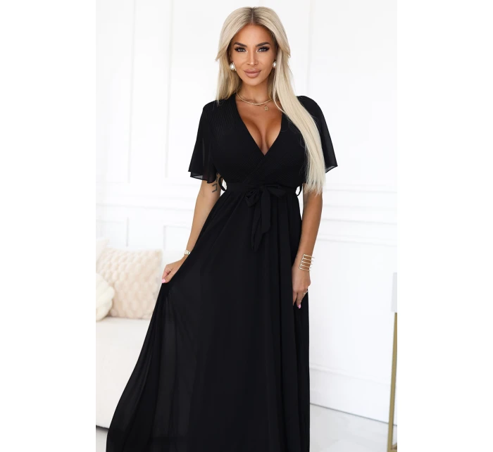 545-5 Dlouhé šaty se skládaným výstřihem a vázáním - ČERNÁ