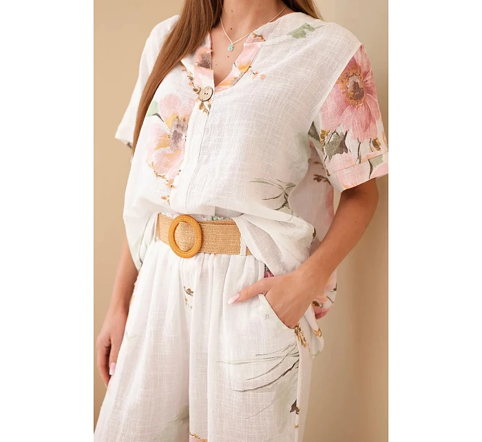 Dámský bavlněný komplet s krátkým rukávem a širokými nohavicemi bílý