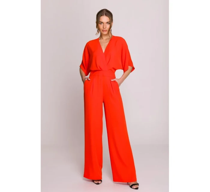 Kombinéza se širokými nohavicemi a výstřihem korálová model 20966139 - STYLOVE Kombinéza se širokými nohavicemi a výstřihem korálová model 20966139 - STYLOVE