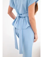 Dámský komplet z měkkého úpletu s halenkou s krátkým rukávem a širokými kalhotami modrý