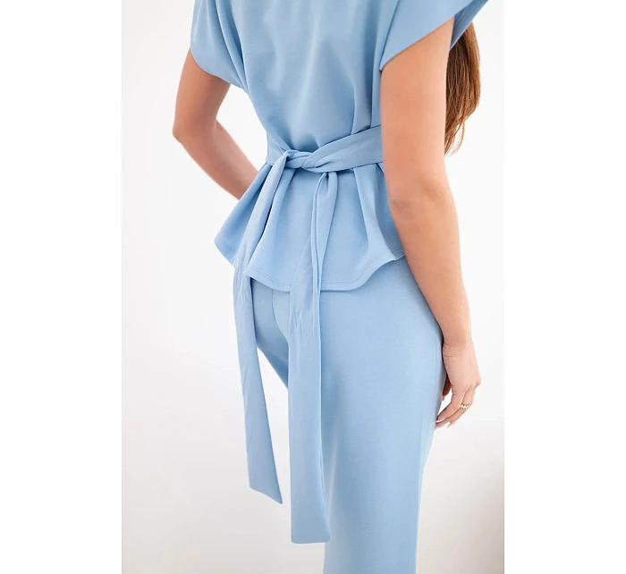Dámský komplet z měkkého úpletu s halenkou s krátkým rukávem a širokými kalhotami modrý