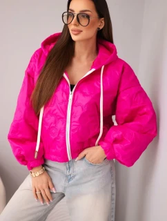 Dámská prošívaná bunda s kapucí a ozdobným květinovým ražením fuchsie