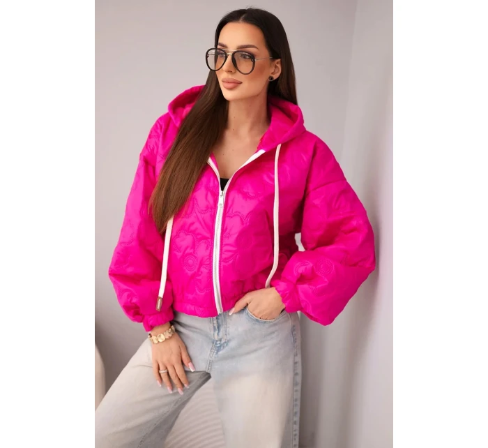 Dámská prošívaná bunda s kapucí a ozdobným květinovým model 21998370 fuchsie - K-Fashion