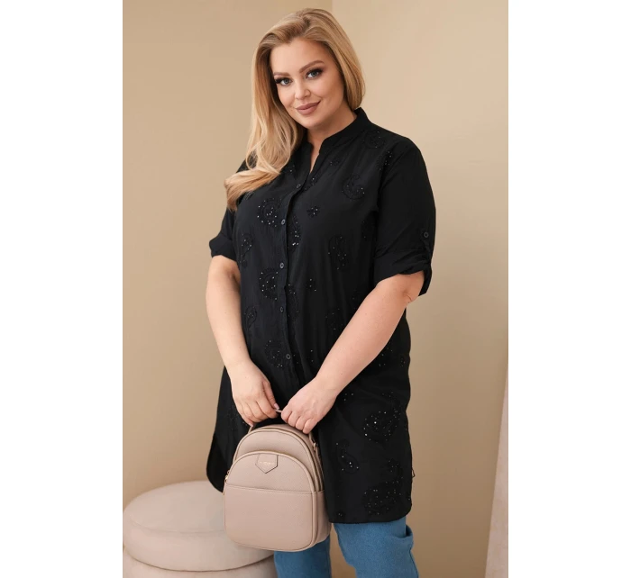 Dámské šaty Plus Size s výšivkou a ohrnutým rukávem černá