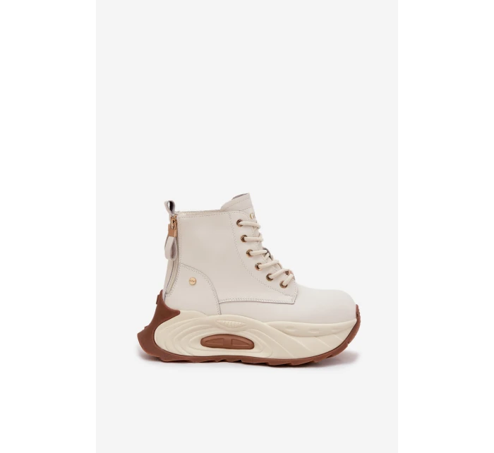 Dámské kožené boty GOE – světle béžové, zateplené, na platformě Dámské kožené boty GOE – světle béžové, zateplené, na platformě