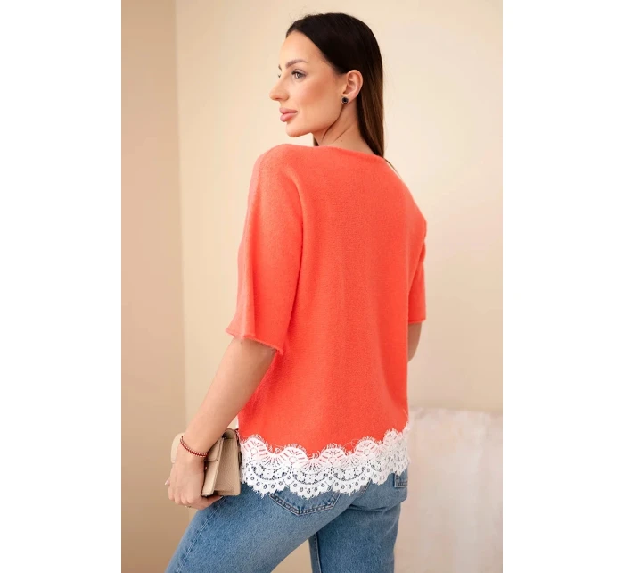 Svetr dámský s krátkým rukávem a krajkou model 21961314 - K-Fashion