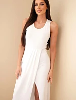 Dámské bavlněné midi šaty bez rukávů s řasením bílá