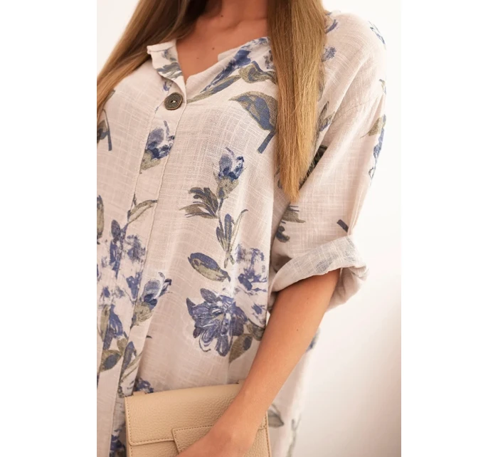 Dámská bavlněná šaty s květinovým vzorem a 3/4 rukávem béžová