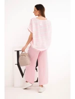 Dámský komplet z viskózy s pruhovanou blůzou a širokými kalhotami s gumou pudrově růžový
