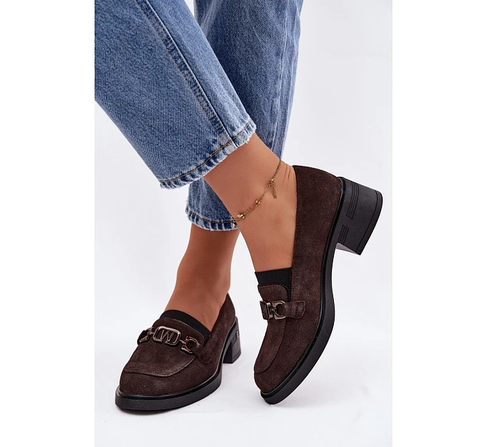 Dámské mokasiny z přírodního semiše na nízkém podpatku model 22100103 Čokoládové - VINCEZA