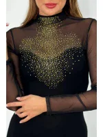 Pletené šaty s tylovými rukávy a výstřihem černý Pletené šaty s tylovými rukávy a výstřihem černý