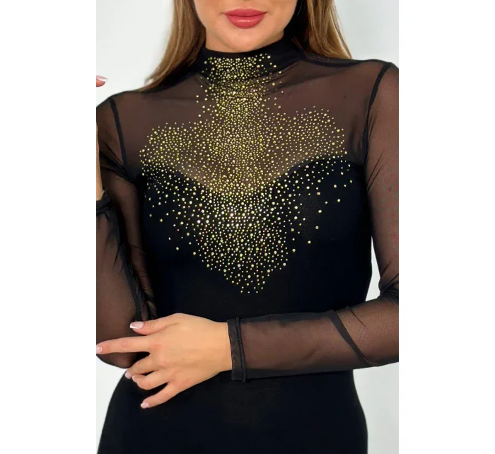 Pletené šaty s tylovými rukávy a výstřihem černý Pletené šaty s tylovými rukávy a výstřihem černý