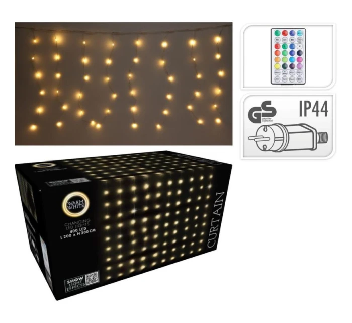 VÁNOČNÍ STROMEK SVĚTLA VENKOVNÍ / VNITŘNÍ SVĚTELNÝ ZÁVĚS 400 VEDL WW 200X200CM S DÁLKOVÝM OVLÁDÁNÍM TEPLÁ BÍLÁ