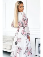 Bílé dámské midi šaty se vzorem výstřihem a páskem model 21729072 - numoco basic Bílé dámské midi šaty se vzorem výstřihem a páskem model 21729072 - numoco basic