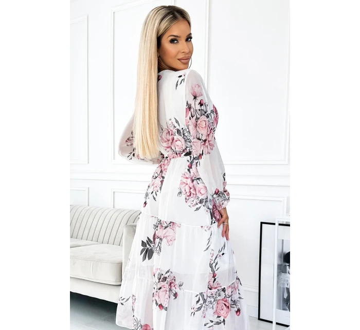 Bílé dámské midi šaty se vzorem výstřihem a páskem model 21729072 - numoco basic Bílé dámské midi šaty se vzorem výstřihem a páskem model 21729072 - numoco basic