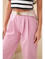 Dámské bavlněné kalhoty s vysokým pasem a páskem tmavě růžové