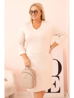 Dámské šaty Plus Size máslové s výstřihem do V a rukávem béžové