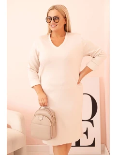 Dámské šaty Plus Size máslové s výstřihem do V a rukávem béžové