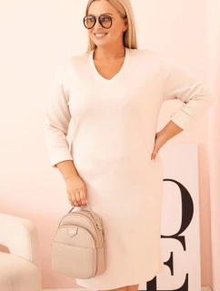 Dámské šaty Plus Size máslové s výstřihem do V a rukávem béžové