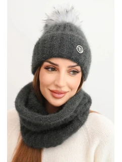 Dámský zimní komplet s bambulí a nákrčníkem grafitový