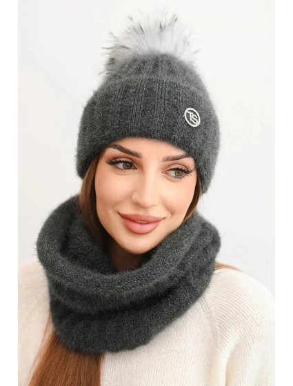 Dámský zimní komplet s bambulí a nákrčníkem grafitový