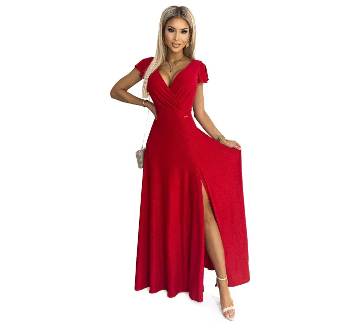 411-2 CRYSTAL lesklé dlouhé šaty s výstřihem - ČERVENÉ