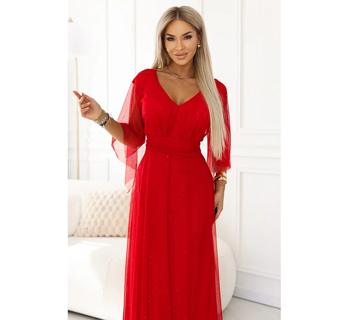 655-5 Dlouhé světlé třpytivé šaty s výstřihem a průhlednými rukávy - červené