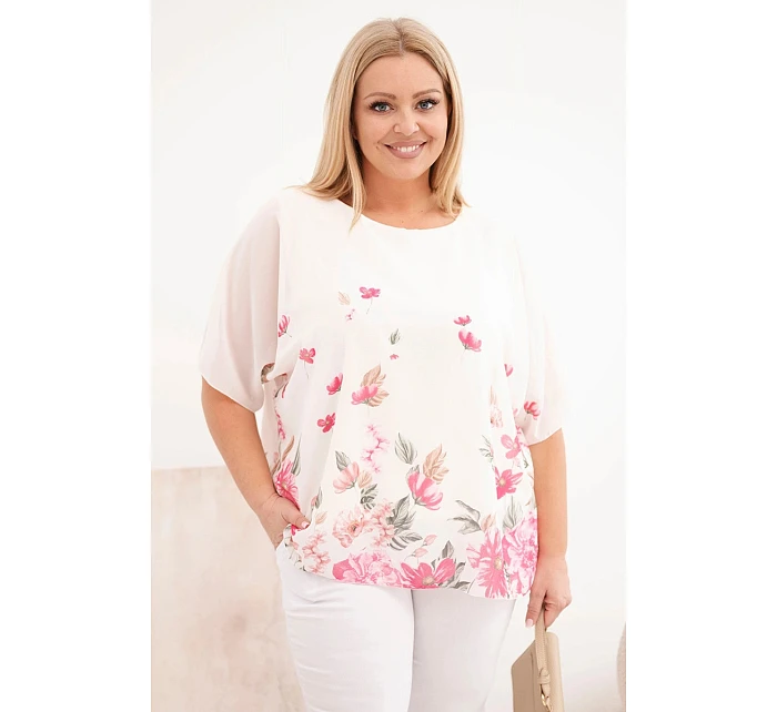 Dámská halenka Plus Size s krátkým rukávem a květinovým potiskem růžová