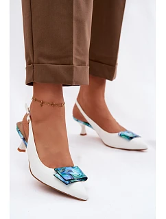 Kožené dámské lodičky na podpatku s ozdobou model 22100350 Bílé - D&A