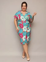 Květinové obálkové šaty ke kolenům zeleno-oranžové (742)