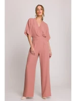Kombinéza se širokými nohavicemi a výstřihem růžová model 20966151 - STYLOVE Kombinéza se širokými nohavicemi a výstřihem růžová model 20966151 - STYLOVE