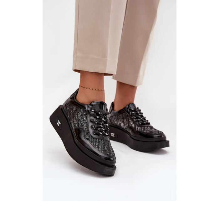 Dámské kožené šněrovací polobotky na platformě Artiker – černo/stříbrné