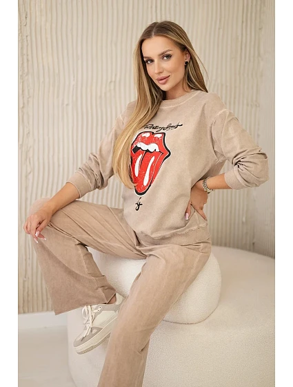 Bavlněná souprava model 20330049 potiskem teplákové + kalhoty velbloud - K-Fashion