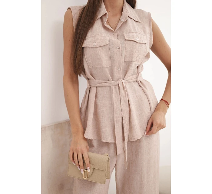 Dámský komplet s vázanou model 22104021 a širokými kalhotami pudrově růžová - K-Fashion