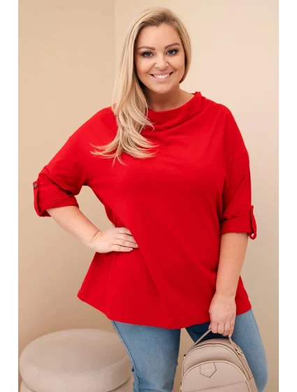 Dámská blůza Plus Size s bavlnou volného střihu s vodním výstřihem červená