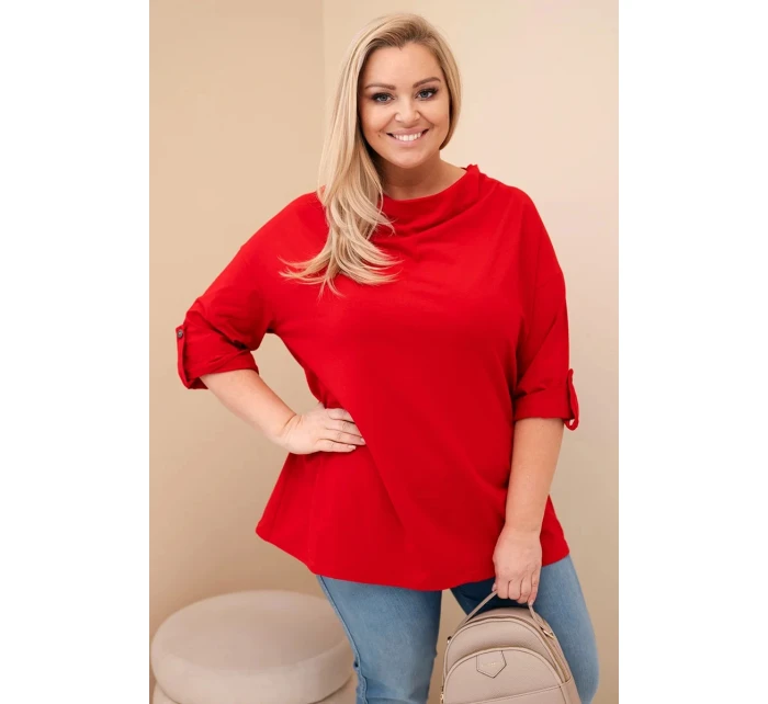 Dámská blůza Plus Size s bavlnou volného střihu s vodním výstřihem červená