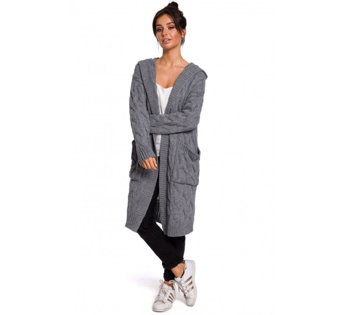 BK033 Pletený plisovaný svetr s kapucí - šedý