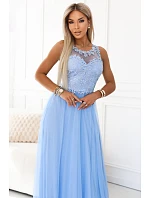 672-1 Romantické svatební maxi šaty s vyšívanou krajkou a tylem - modré 672-1 Romantické svatební maxi šaty s vyšívanou krajkou a tylem - modré