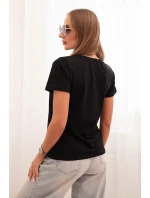 Dámská bavlněná blůza s krátkým rukávem a nášivkou s perličkami černá
