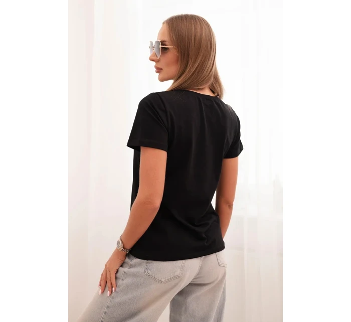 Dámská bavlněná blůza s krátkým rukávem a nášivkou s perličkami černá