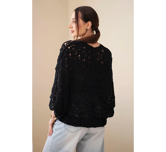 Dámský letní krajkový svetr s knoflíky a dlouhým rukávem černý Dámský letní krajkový svetr s knoflíky a dlouhým rukávem černý