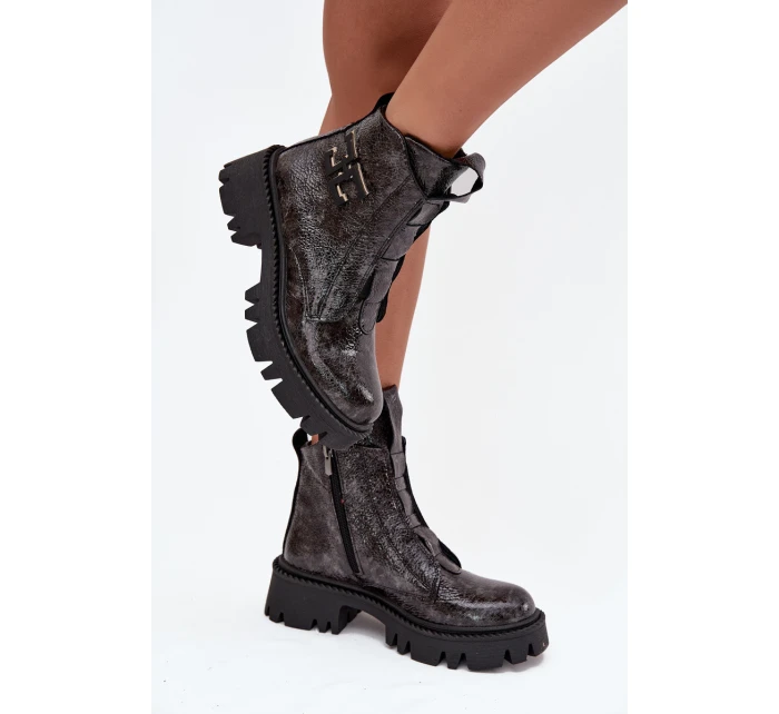 Dámské lakované boty Artiker – grafitové, zateplené, s ozdobou