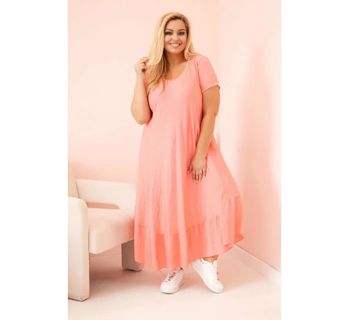Dámské šaty plus size s krátkým rukávem a volánem z lehké viskózy růžová