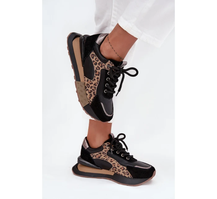 Dámské kožené tenisky na platformě s leopardím vzorem Artiker – černé Dámské kožené tenisky na platformě s leopardím vzorem Artiker – černé