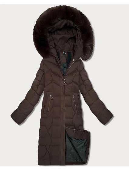 Dlouhá hnědá dámská bunda s kapucí (7665#)