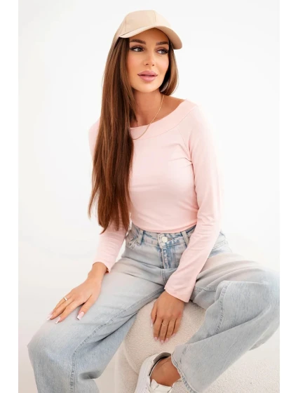 Dámská viskózová blůza s širokým výstřihem a dlouhým rukávem růžová pudrová