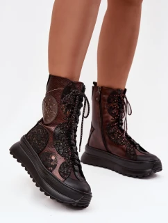 Kožené kotníkové boty na platformě s podšívkou Maciejka 06565-02 hnědozlaté