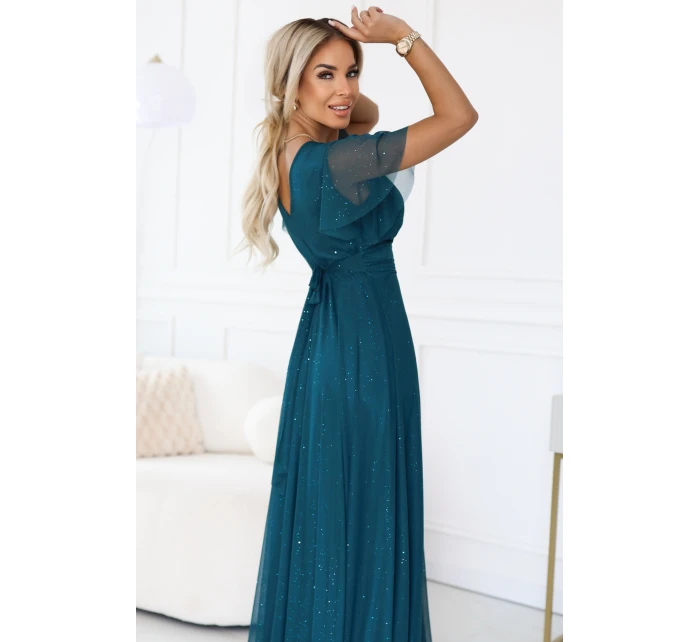 Dlouhé třpytivé šaty 635-1 MELANIA lahvově zelené - Numoco