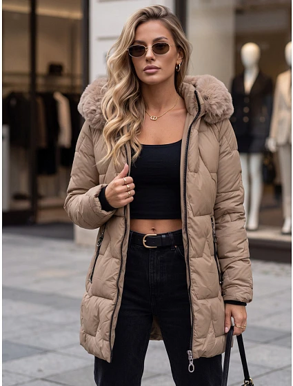 Dámská zimní prošívaná bunda s kapucí, béžová, FashionStreet TY5735 Dámská zimní prošívaná bunda s kapucí, béžová, FashionStreet TY5735
