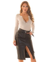 Sexy Midi sukně s vysokým pasem z umělé kůže a páskem